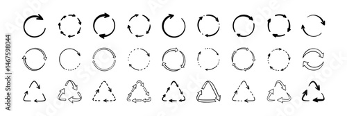 Set of doodle handwriting recycle symbols. Circle round arrow sign. Hand drawn reuse repeat cycle icon. Crayon vector line ecology drawing. Refresh, reset, download scribble illustration