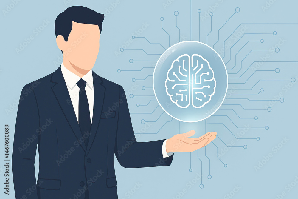 Artificial intelligence concept with businessman holding digital brain icon glowing with circuits Artificial intelligence concept with businessman holding digital brain icon glowing with circuits