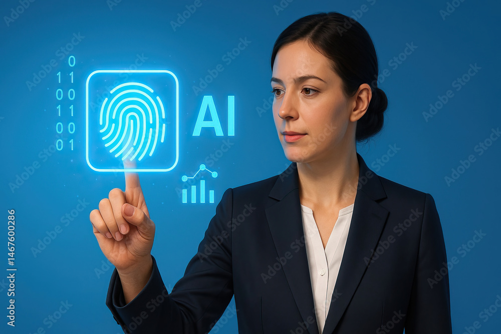 Artificial intelligence fingerprint recognition technology concept with businesswoman touching digital interface Artificial intelligence fingerprint recognition technology concept with businesswoman touching digital interface