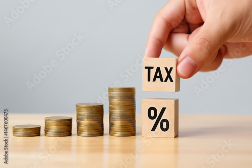 Tax concept with wooden blocks and stacked coins showing increasing amount