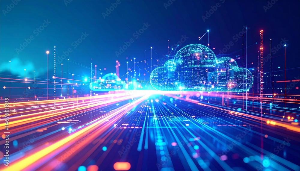Fototapeta premium Digital cloud connectivity event virtual space data transmission futuristic environment dynamic view
