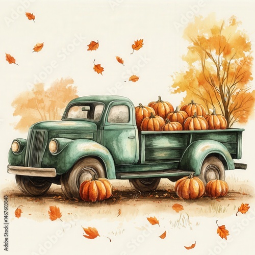 Vintage truck carrying pumpkins in autumn season