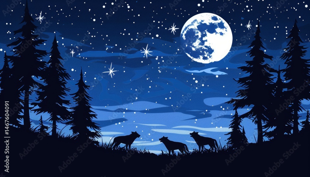 Majestic wolves howling under a luminous full moon, creating a hauntingly beautiful night scene Majestic wolves howling under a luminous full moon, creating a hauntingly beautiful night scene