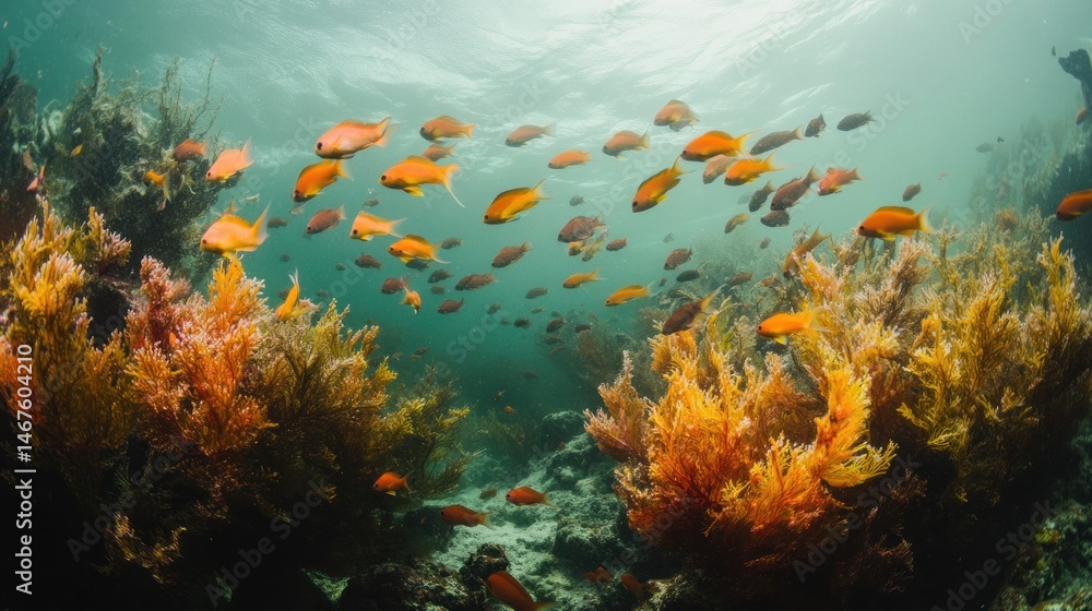Coral reef teeming with orange fish Coral reef teeming with orange fish