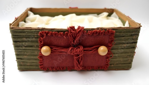 box crafted from thick, corrugated material, adorned with interwoven strips of red and green fabric. The fabric strips are textured with subtle variations, giving a homespun appearance