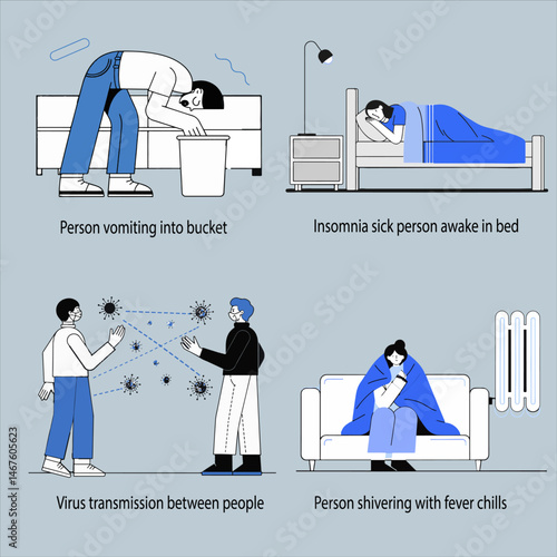 EPS vector showing sickness scene with doctor, patient, and hospital bed. Depicting Illness and Symptoms: Vomiting, Insomnia, and Chill