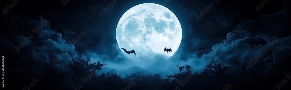 Spooky halloween night scene with glowing full moon bats silhouettes and dark clouds in a dramatic sky. Spooky halloween night scene with glowing full moon bats silhouettes and dark clouds in a dramatic sky.