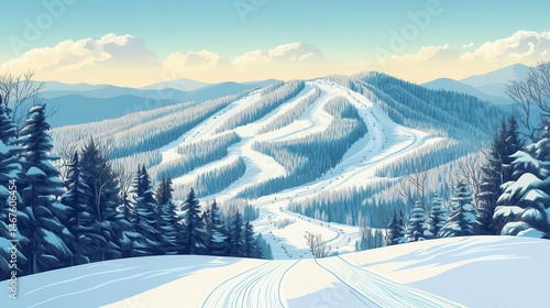 Illustrated vintage map-style poster of ski trails on a mountain
