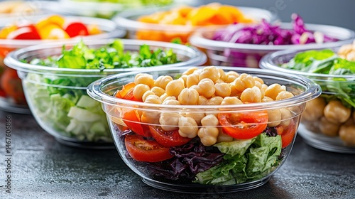 Assorted salads in clear bowls, vibrant and fresh