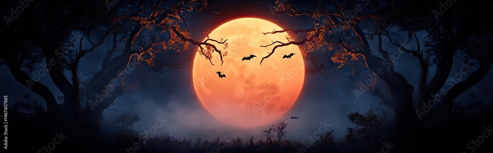 Eerie halloween night scene featuring a glowing orange moon bats silhouette and silhouetted creepy old trees in the dark forest Eerie halloween night scene featuring a glowing orange moon bats silhouette and silhouetted creepy old trees in the dark forest