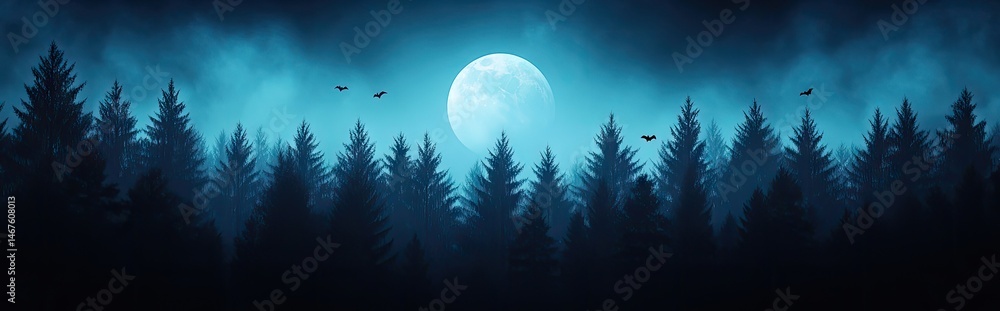 Serene nighttime forest scene under a bright full moon with silhouetted trees and flying birds in a calming atmospheric blue glow Serene nighttime forest scene under a bright full moon with silhouetted trees and flying birds in a calming atmospheric blue glow