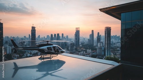 Helicopter landing on a modern rooftop helipad in an urban environment at dusk