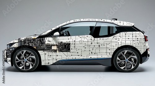 Futuristic electric car detailed with complex circuit design concept vehicle