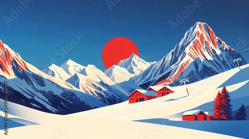 Stylized 1950s ski event poster with bold colors and snowy peaks