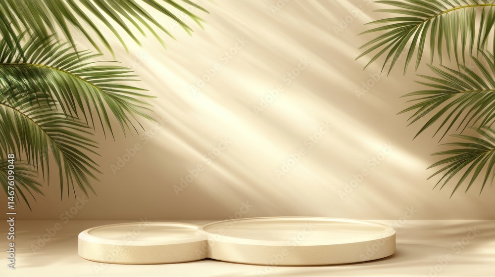 Obraz premium Minimalist display with circular platforms and palm leaves