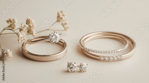 Elegant jewelry collection featuring diamond ring, earrings, and bracelets