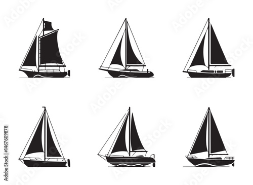 A set of black silhouette sailing boat icons, perfect for nautical or marine-themed design projects.