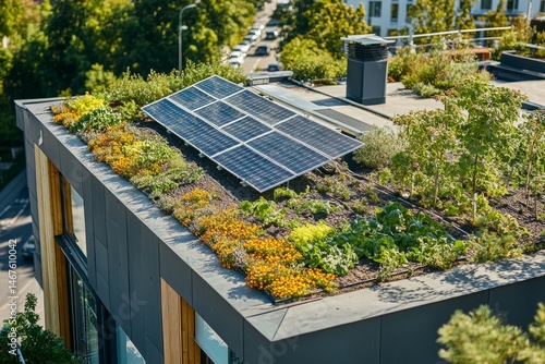 Modern building rooftop garden featuring solar panels.
