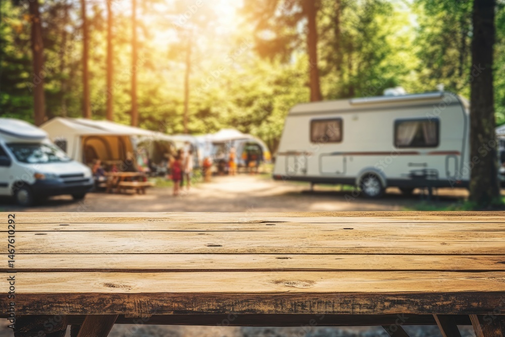 Naklejka premium Rustic wooden picnic table in a campsite