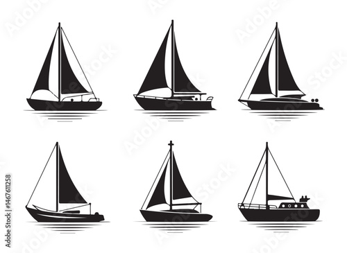 A set of black silhouette sailing boat icons, perfect for nautical or marine-themed design projects.