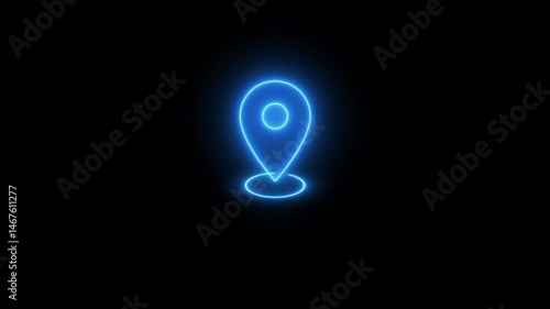 Abstract location glowing neon icon fast tracking map pin icon animation on black background.