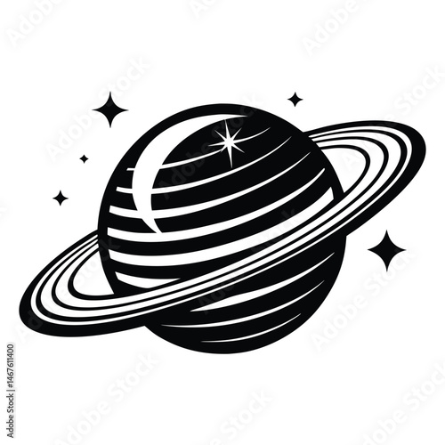 Planet Saturn with planetary ring silhouette Vector isolated on white background, Majestic Saturn and Stars in Outer Space Illustration