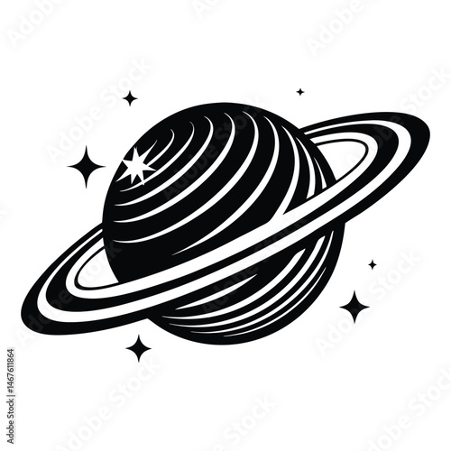 Planet Saturn with planetary ring silhouette Vector isolated on white background, Majestic Saturn and Stars in Outer Space Illustration