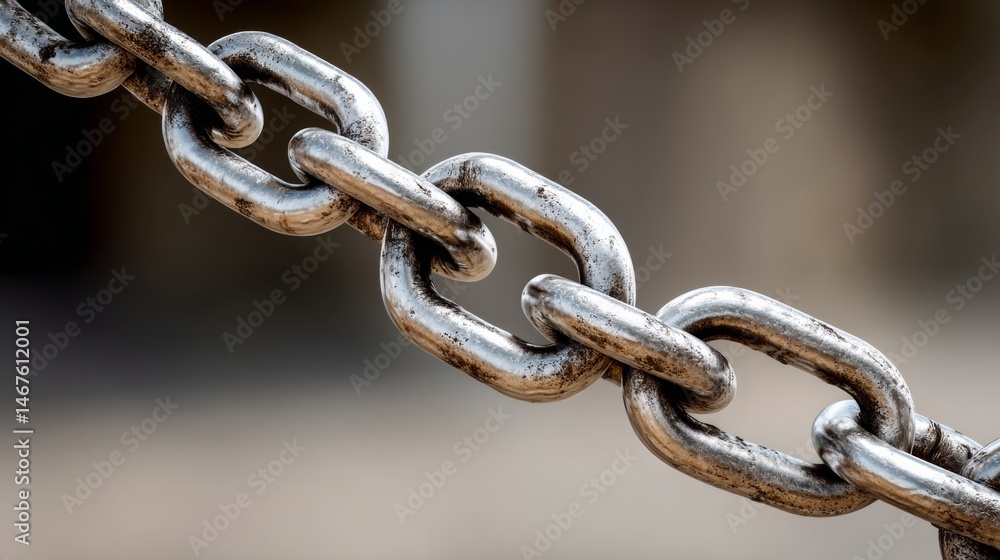 Obraz premium Chain link is shown in a close up. The chain is rusty and has a worn appearance