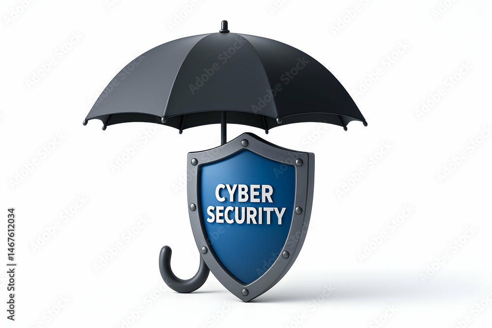 A modern symbol of cyber security featuring a protective umbrella and a shield
