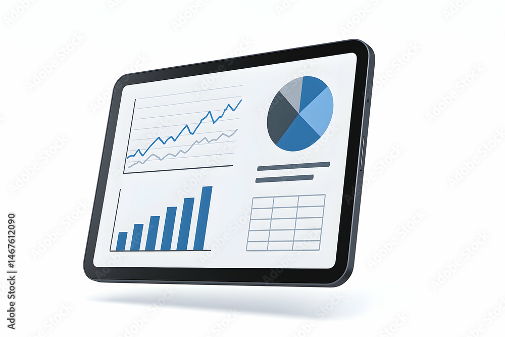 A modern tablet showcasing business analytics with dynamic graphs and pie charts, representing data-driven decision-making in the corporate world, ideal for presentations and repor