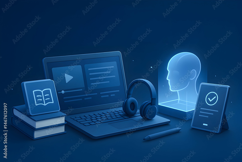 A modern workspace featuring a laptop, headphones, virtual assistant graphic, books, and a tablet, illustrating online learning and technology integration in education.