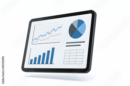 Obraz na płótnie A modern tablet showcasing business analytics with dynamic graphs and pie charts, representing data-driven decision-making in the corporate world, ideal for presentations and repor w salonie
