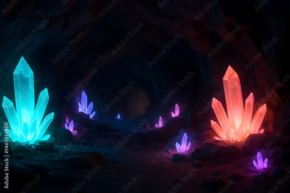 A mystical cave adorned with vibrant crystals showcasing a spectrum of colors. The scene evokes wonder and curiosity, inviting exploration into the depths of nature's beauty.