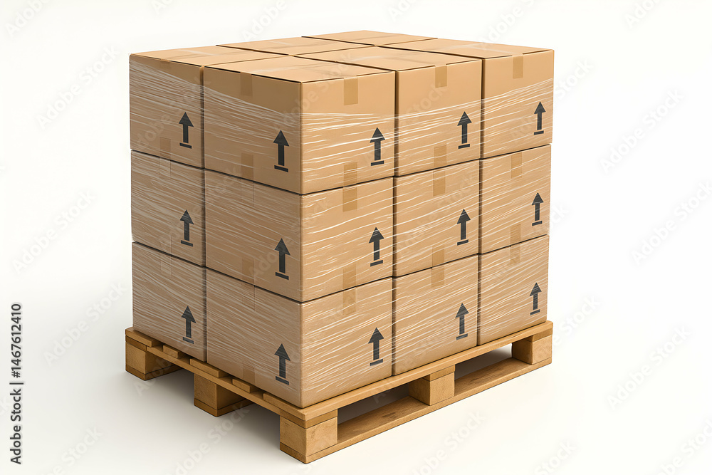 A neatly stacked pallet of cardboard boxes ready for shipping
