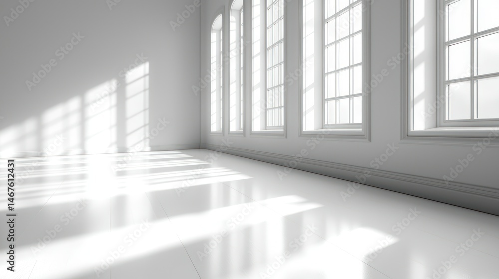 Fototapeta premium Bright, empty white room with large windows and light