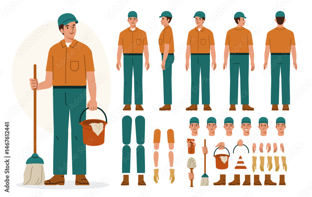 Janitor worker, cleaner wearing uniform holding mop and bucket. Character for animation. Front, side and back view set. Body parts, postures, poses collection. Vector illustration.