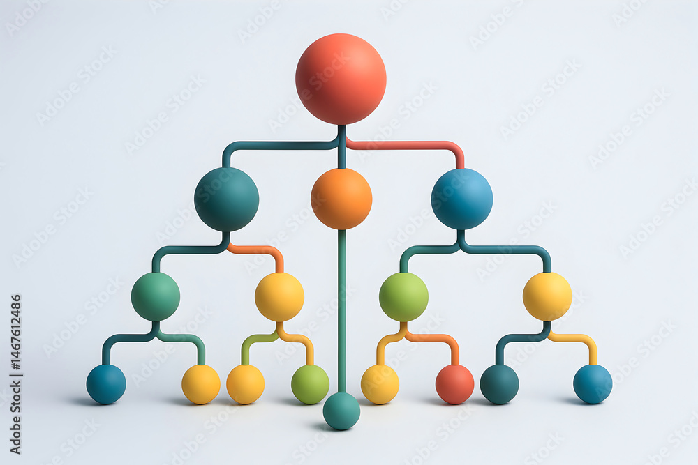 A modern, colorful organizational chart illustration, showcasing relationships and hierarchies in a visually engaging way, ideal for presentations and corporate materials.