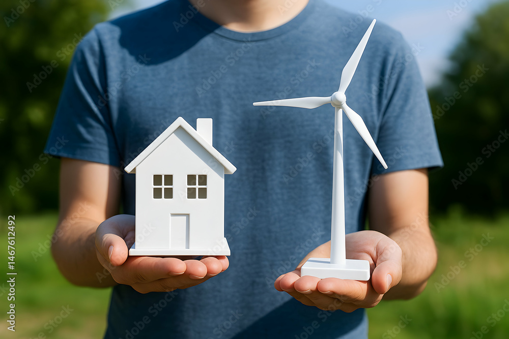 A person holds a small model house and a wind turbine, symbolizing sustainable living and eco-friendly choices. This image reflects the importance of renewable energy for homes.