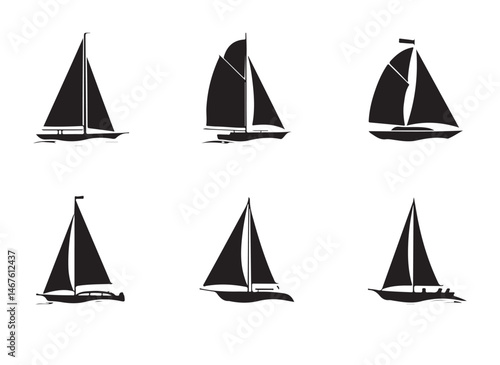 A set of black silhouette sailing boat icons, perfect for nautical or marine-themed design projects.