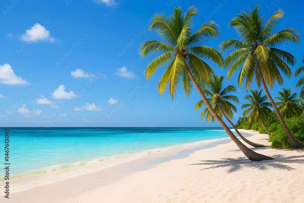 A serene tropical beach featuring swaying palm trees, soft white sand, and crystal-clear turquoise waters. Ideal for vacation, relaxation, and nature photography.