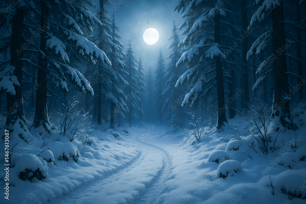 A serene winter scene featuring a snowy forest under a full moon. The path winds through tall pine trees, creating a mystical ambiance in the tranquil wilderness.