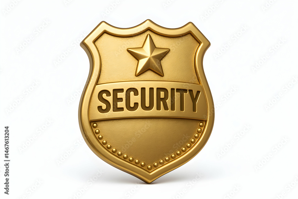 A shiny gold security badge featuring a star and the word 'SECURITY' prominently displayed. This symbol represents safety and protection in various environments and industries.