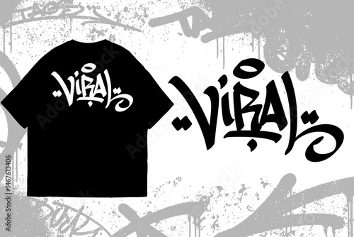 Graffiti tag text “Viral” on t-shirt mockup. Urban street art style, bold hand lettering, spray paint texture. Perfect for streetwear, edgy fashion, and apparel designs.
