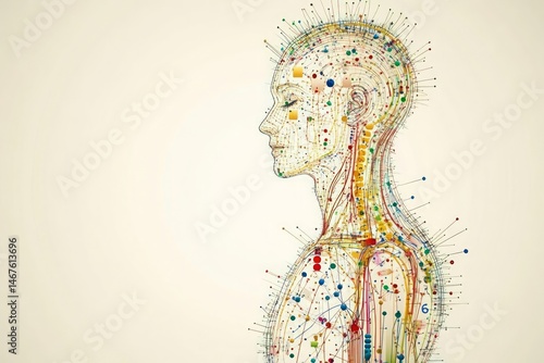 Digital artwork of a female profile with internal body mapping details, depicted with colored lines, circles, and squares.