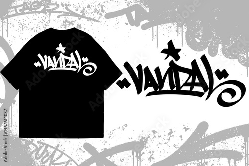 Graffiti tag text “Vandal” on t-shirt mockup. Urban street art style, bold hand lettering, spray paint texture. Perfect for streetwear, edgy fashion, and apparel designs.
