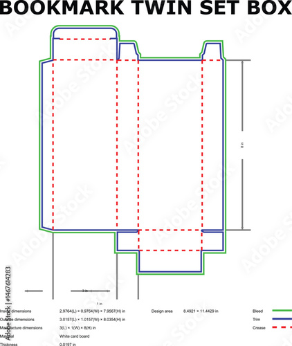 Detailed vector illustration of a bookmark twin set box template with precise measurements and design specifications