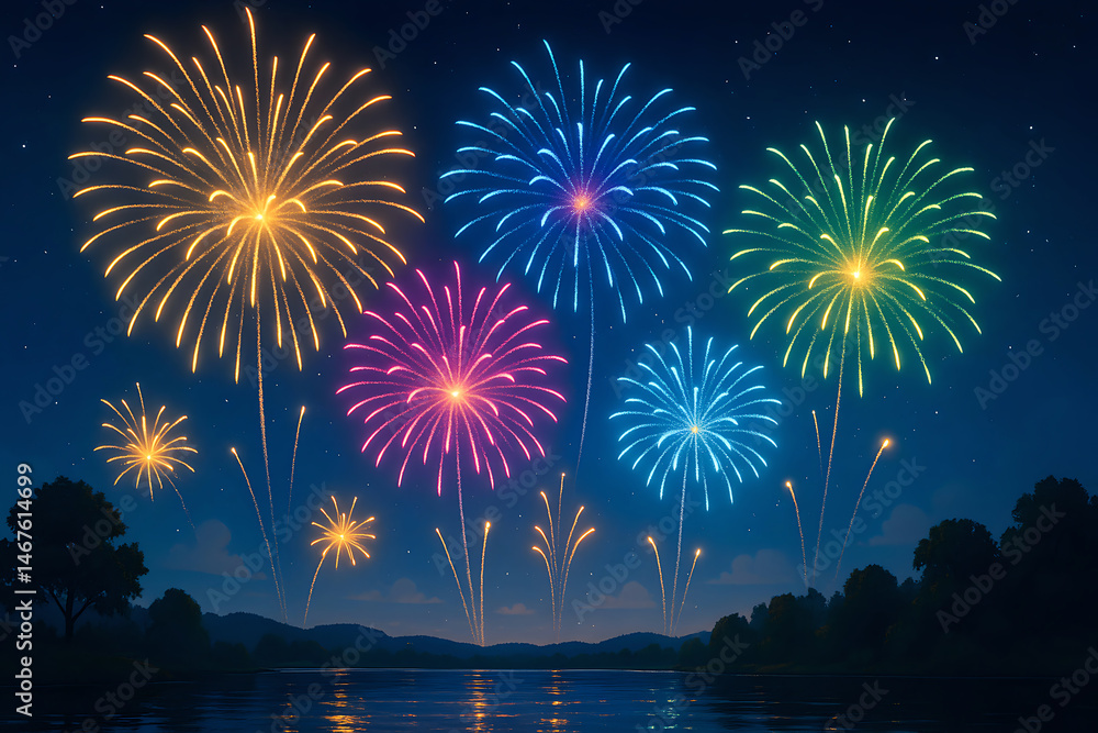 A stunning display of colorful fireworks brightens the night sky, reflecting beautifully on the water. Perfect for celebrations, events, and festive gatherings.