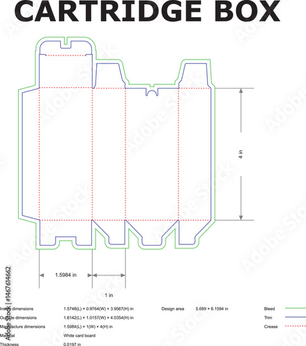 Detailed vector diagram of a cartridge box die cut design showing dimensions with specifications for packaging production