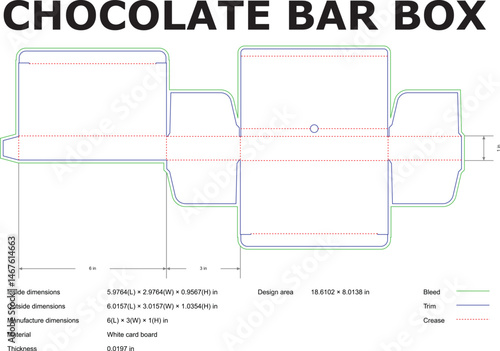 Detailed vector illustration of a chocolate bar box template design with measurements and specifications for packaging
