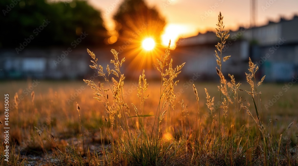 Obraz premium Sunset shining through grass on a field.